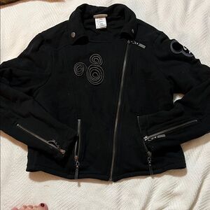 Disney Mickey 28 Jacket Black Knit  Moto Cropped Lined Embellished Zipper Detail